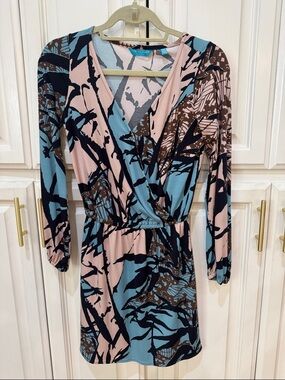 Blue & Pink Abstract Print Wrap Dress Tori Richard XXS